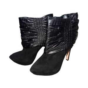 L.A.M.B. Joelle Black Scrunched Leather and Suede Bootie Heels Ladies Size 9.5 M